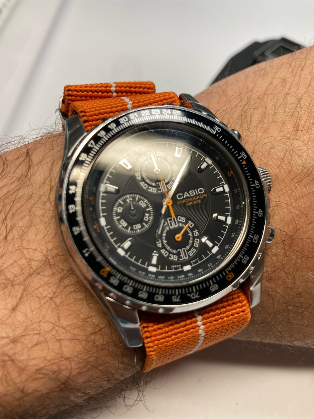 Casio MTP-4500, orange & Black Dial, Orange Fabric nato Strap, new battery